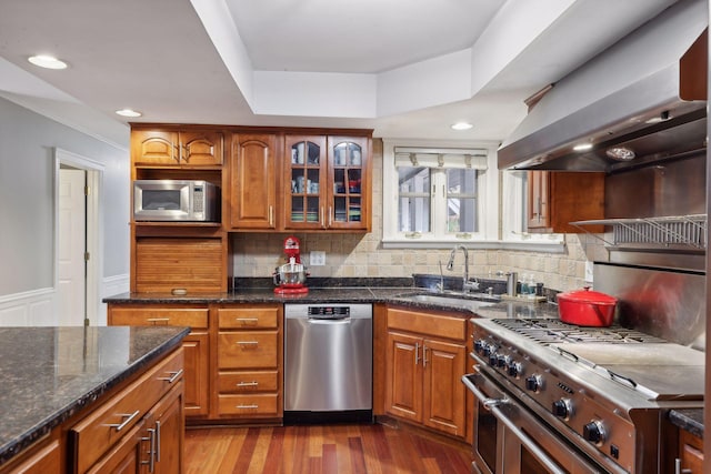 kitchen with dark stone counters, range hood, appliances with stainless steel finishes, dark hardwood / wood-style flooring, and decorative backsplash