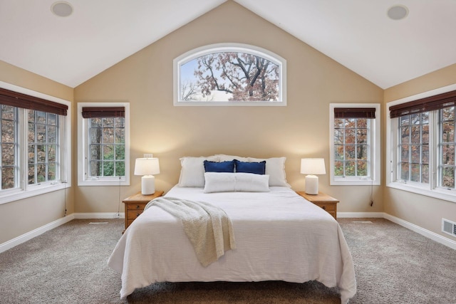 carpeted bedroom featuring multiple windows and vaulted ceiling