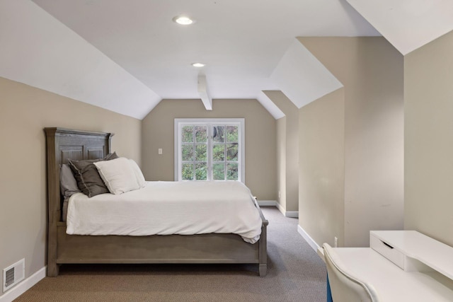 bedroom with carpet and lofted ceiling with beams