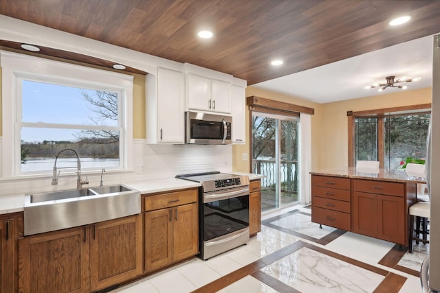 kitchen featuring sink, white cabinetry, wooden ceiling, decorative backsplash, and stainless steel appliances