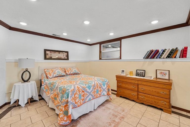 tiled bedroom with crown molding