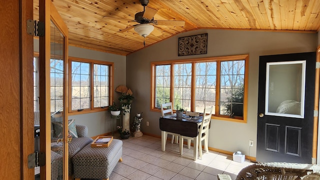 living area featuring lofted ceiling, ceiling fan, wood ceiling, and light tile patterned floors