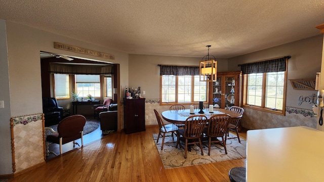 dining area with a textured ceiling, a healthy amount of sunlight, and wood-type flooring