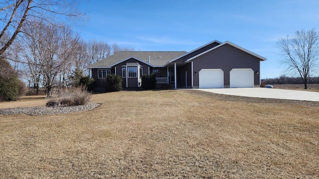 single story home featuring a front yard and a garage