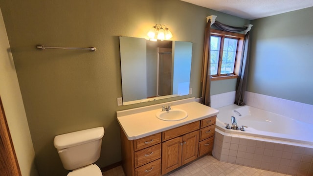 full bathroom with vanity, toilet, a textured ceiling, and plus walk in shower