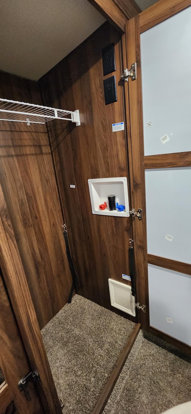 3736 Silent Springs Ct, Webb Lake, WI 54830 - laundry area featuring wood walls and carpet floors