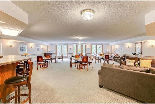 living room featuring a textured ceiling and light colored carpet