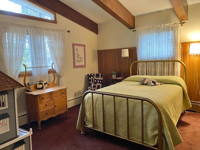 bedroom featuring vaulted ceiling with beams, wood walls, baseboard heating, and dark carpet