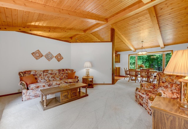 carpeted living room with lofted ceiling with beams, a notable chandelier, and wooden ceiling