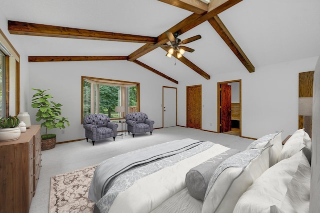 carpeted bedroom with lofted ceiling with beams and ceiling fan