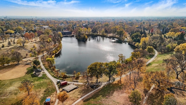 bird's eye view with a water view