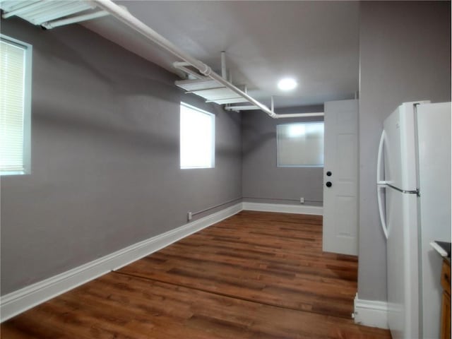 basement featuring white fridge and dark hardwood / wood-style floors