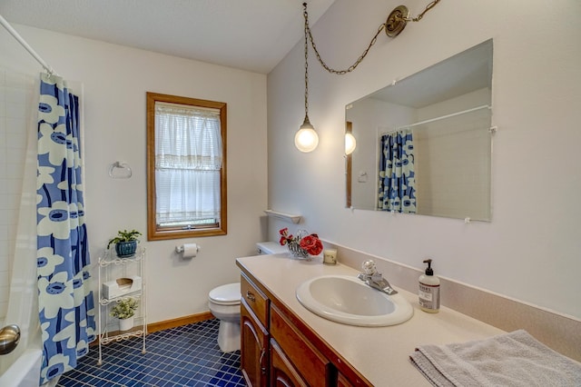 bathroom featuring vanity, toilet, tile patterned floors, and a shower with curtain