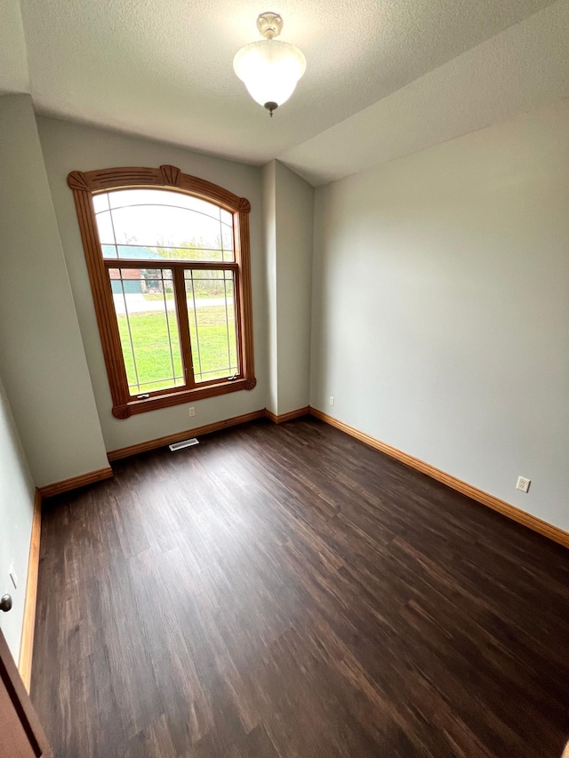 spare room with a textured ceiling, vaulted ceiling, and dark hardwood / wood-style flooring