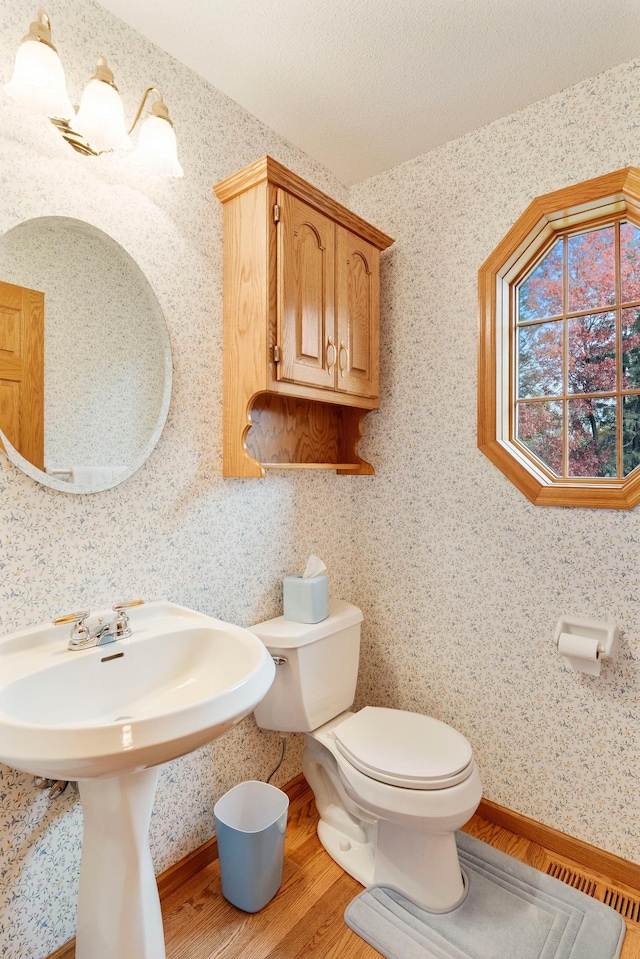 bathroom with hardwood / wood-style flooring, a textured ceiling, and toilet