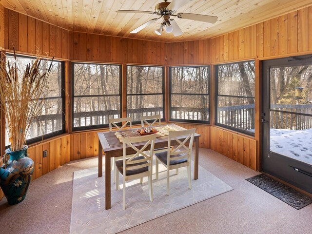 sunroom featuring wooden ceiling and ceiling fan