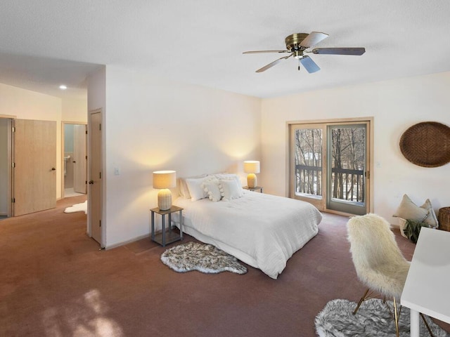 carpeted bedroom with access to outside and ceiling fan