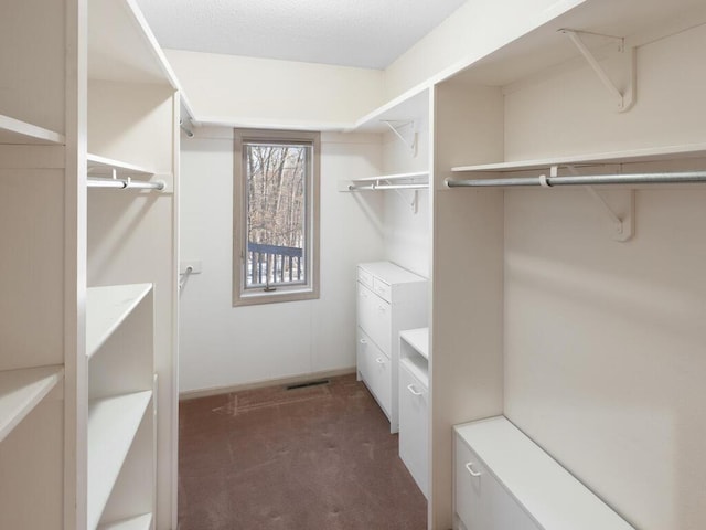 walk in closet featuring dark colored carpet