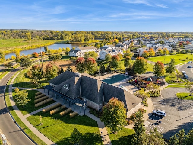 drone / aerial view featuring a water view