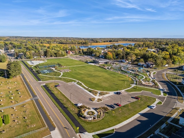 birds eye view of property featuring a water view