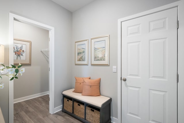 mudroom with dark wood-type flooring and baseboards