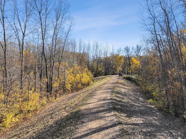 view of street featuring a forest view