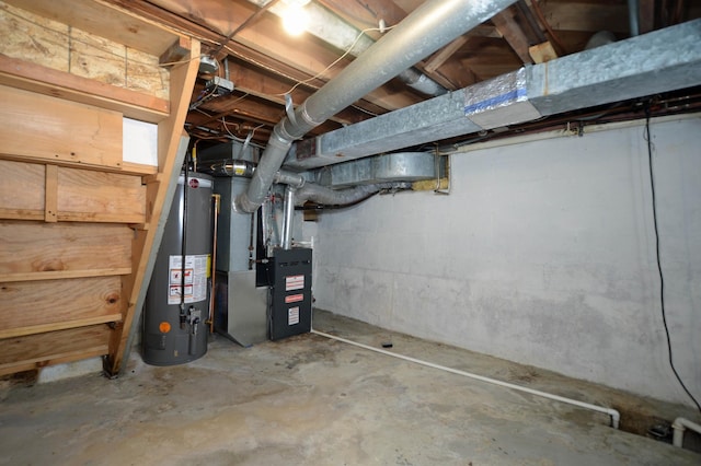 basement with heating unit and gas water heater