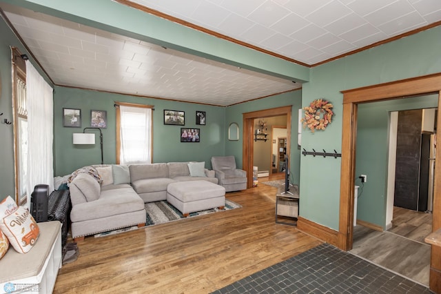 living room with ornamental molding and wood-type flooring