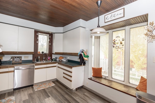 kitchen with white cabinetry, dishwasher, sink, and dark hardwood / wood-style flooring