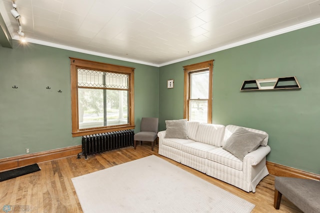 807 4th St S, Moorhead, MN 56560 - living room featuring radiator, crown molding, wood finished floors, and baseboards
