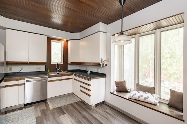 807 4th St S, Moorhead, MN 56560 - kitchen featuring stainless steel dishwasher, a sink, dark countertops, white cabinets, and plenty of natural light