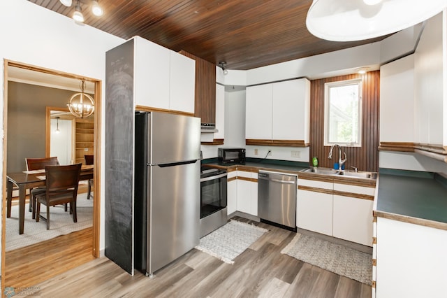 807 4th St S, Moorhead, MN 56560 - kitchen with stainless steel appliances, a sink, white cabinets, and wooden ceiling