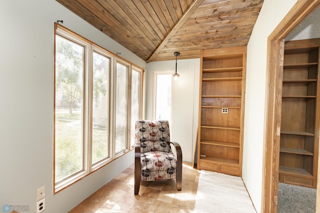 807 4th St S, Moorhead, MN 56560 - sitting room featuring wood ceiling, built in shelves, and lofted ceiling