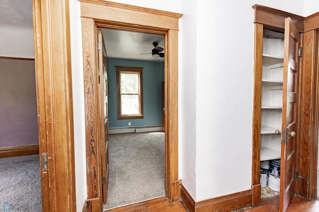 807 4th St S, Moorhead, MN 56560 - hall featuring a baseboard heating unit, carpet floors, and baseboards