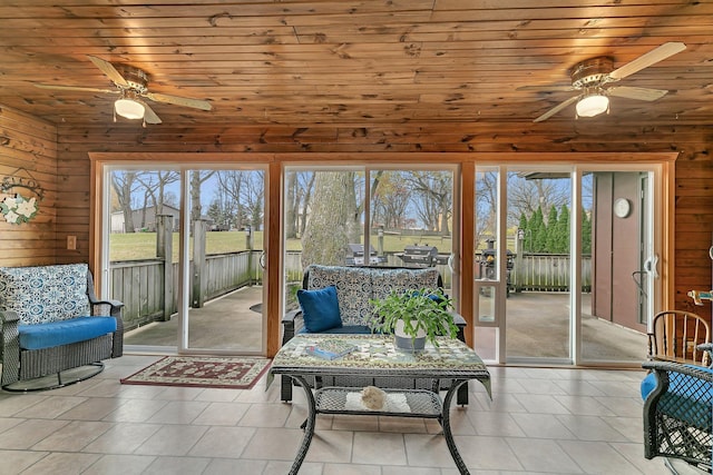 sunroom / solarium with wooden ceiling, ceiling fan, and plenty of natural light