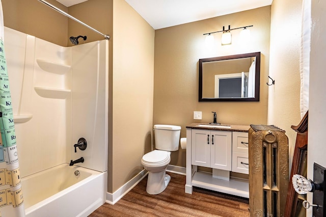 full bathroom with vanity, toilet, hardwood / wood-style flooring, and shower / bathtub combination with curtain