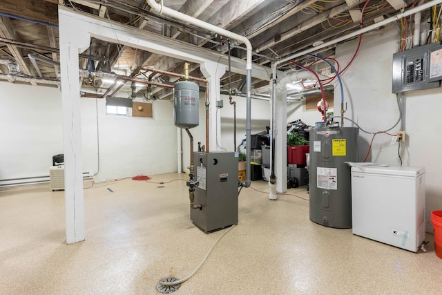 basement featuring electric water heater, electric panel, and fridge