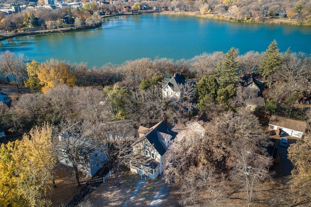 drone / aerial view featuring a water view