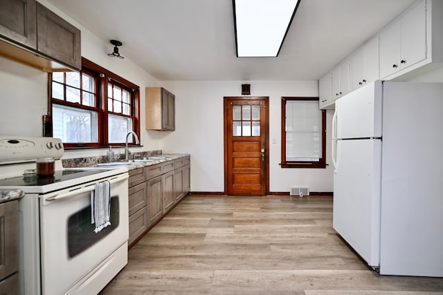 kitchen with white appliances, sink, and light wood-type flooring