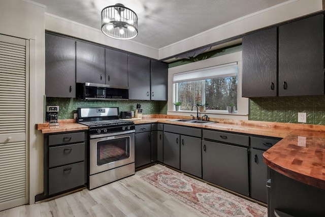 kitchen with appliances with stainless steel finishes, sink, wooden counters, and backsplash