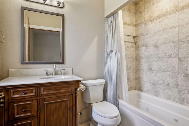 full bathroom with vanity, shower / bathtub combination with curtain, and toilet