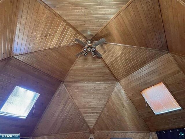 details featuring wood walls, wood ceiling, and ceiling fan