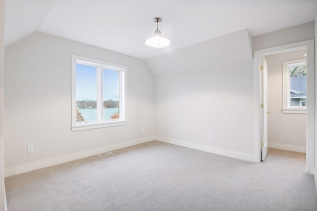 bonus room with plenty of natural light, light carpet, and lofted ceiling