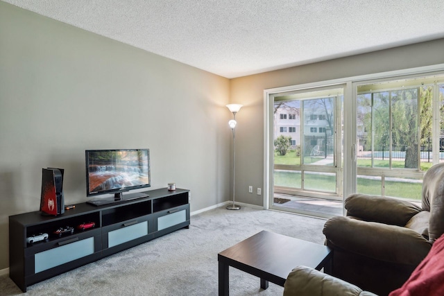 carpeted living room with a textured ceiling