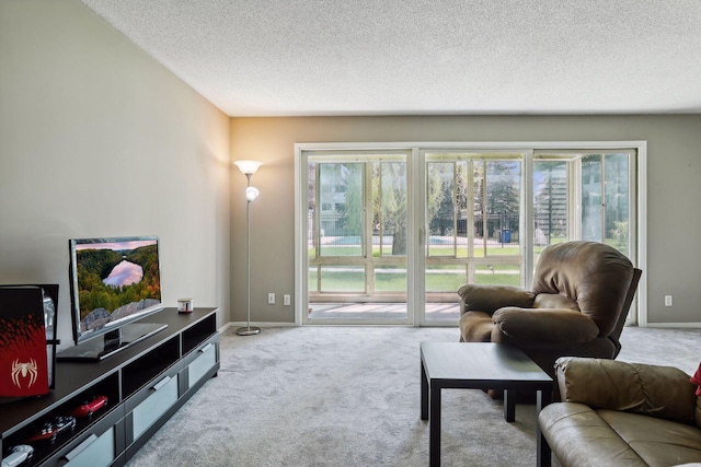 living room featuring a textured ceiling and carpet floors