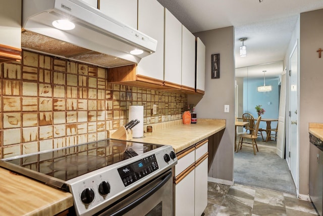 kitchen with white cabinetry, electric stove, pendant lighting, and backsplash