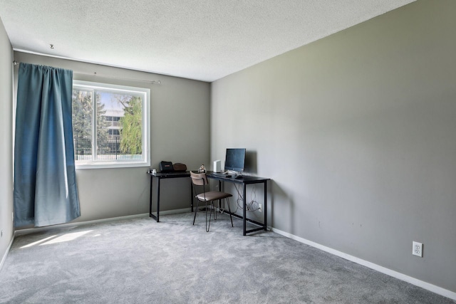 carpeted office space with a textured ceiling