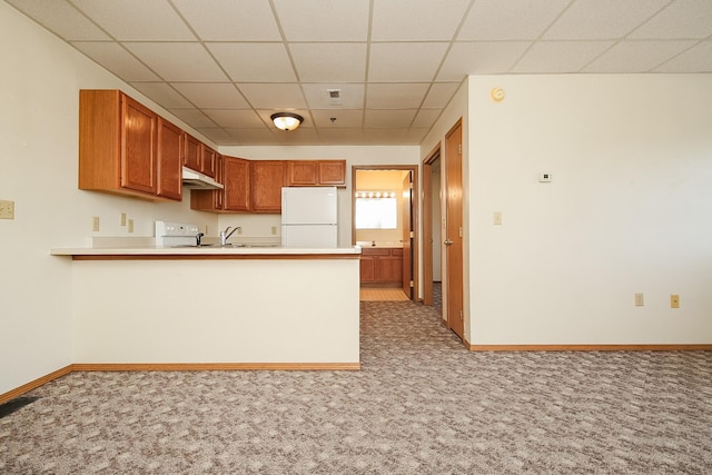 kitchen featuring a paneled ceiling, kitchen peninsula, light colored carpet, and white refrigerator