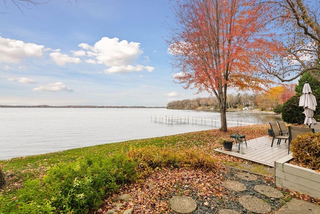 exterior space with a water view