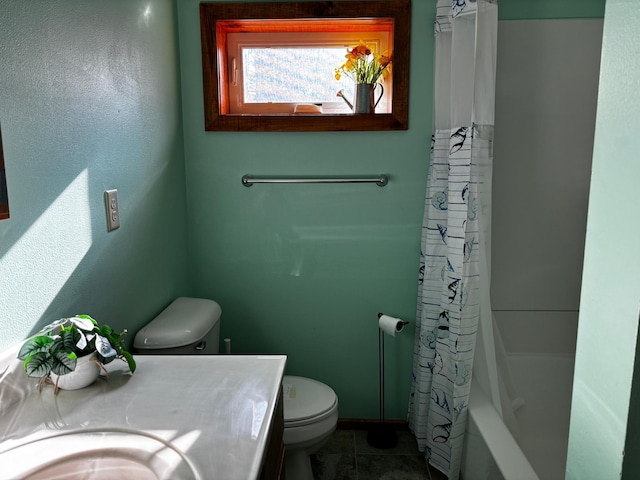 full bathroom with vanity, shower / bath combo, toilet, and tile patterned flooring